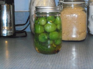 Pickled green tomatoes with garlic and dill.